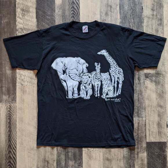 Vintage Linda Lori Heads and Tails Puff Print T-Shirt Black XL Zoo Animals - Picture 1 of 7